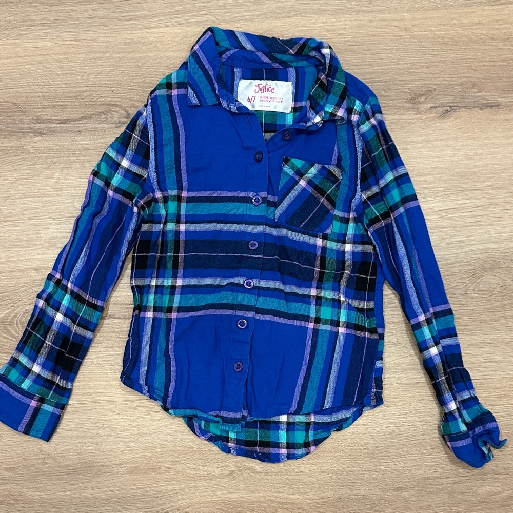 Justice Blue and Green Plaid Button-Down Shirt